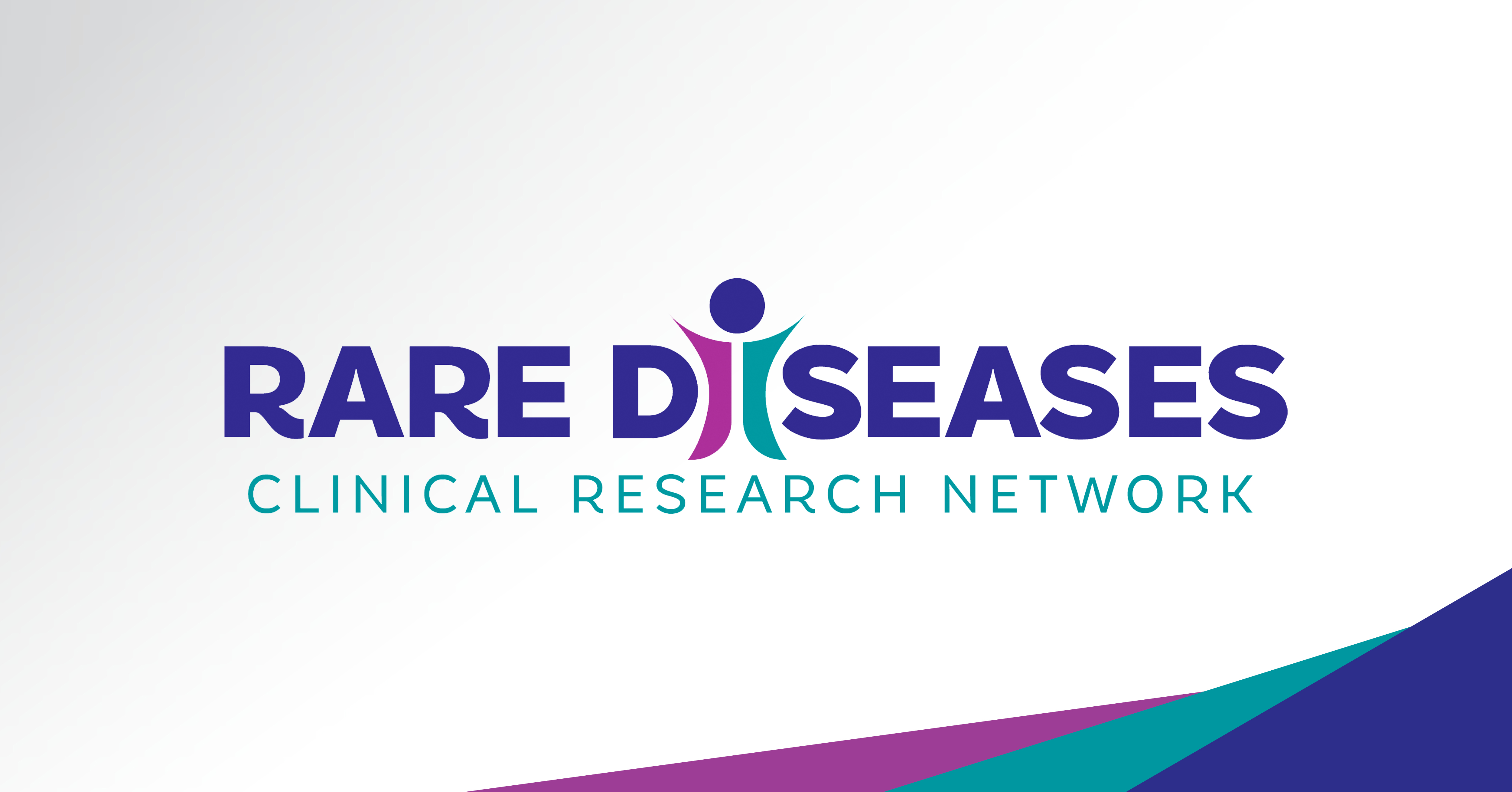 The Rare Diseases Clinical Research Network logo appears over a geometric design featuring fuchsia, teal, and purple triangles.