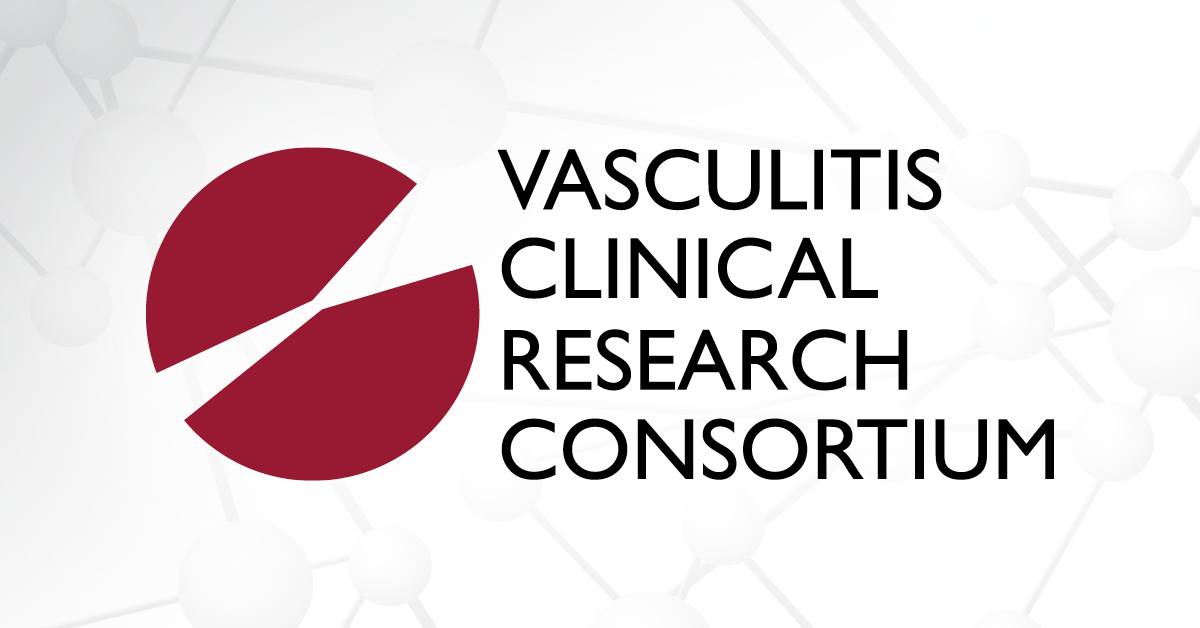 The Vasculitis Clinical Research Consortium logo appears over a gray graphic of molecules