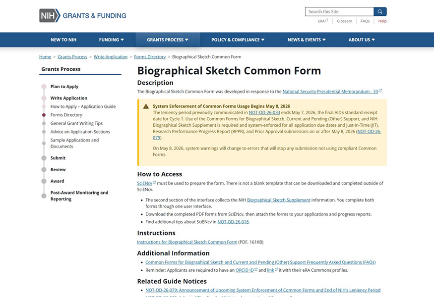 Screenshot of NIH Biographical Sketch website.
