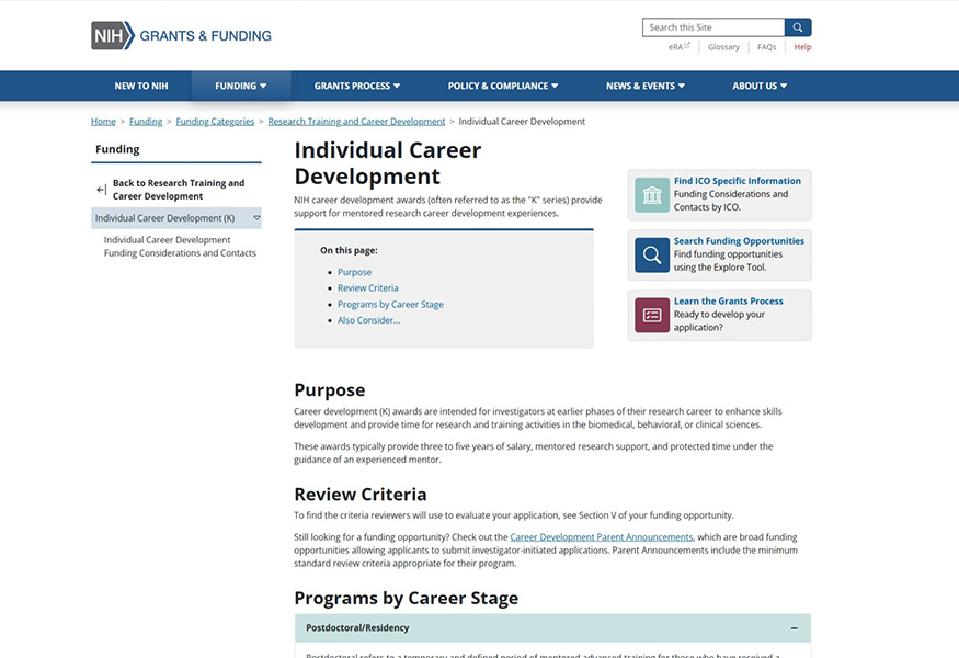 Screenshot of NIH individual career development website.