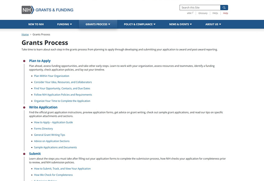 NIH Grant Process website screenshot.