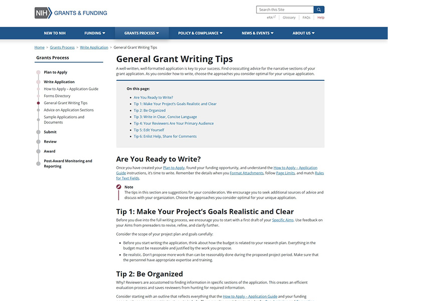 NIH Grant writing website screenshot.