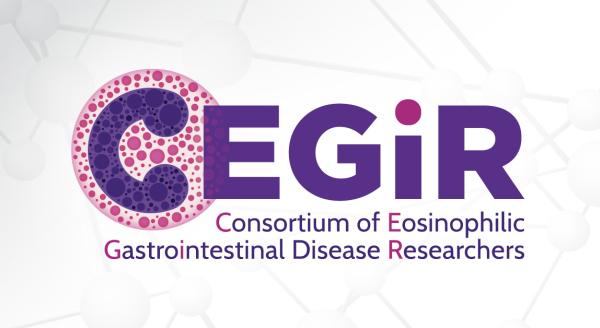 The Consortium of Eosinophilic Gastrointestinal Disease Researchers logo appears over a gray graphic of molecules