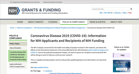 Screenshot of https://grants.nih.gov/grants/natural_disasters/corona-virus.htm