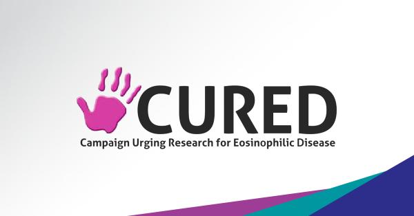 The Campaign Urging Research for Eosinophilic Disease (CURED) logo appears over a geometric design featuring fuchsia, teal, and purple triangles.