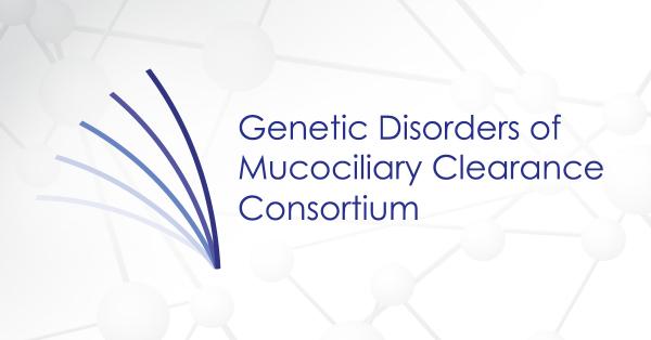 The Genetic Disorders of Mucociliary Clearance Consortium logo appears over a gray graphic of molecules