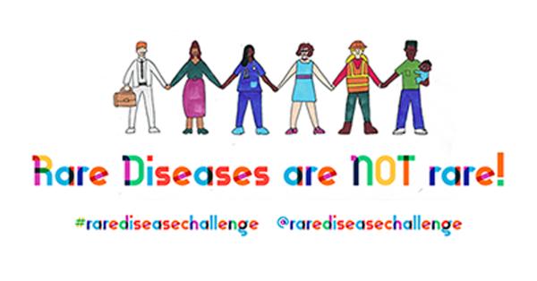 Illustration of people holding hands appears above the text, Rare Diseases are Not Rare! #rarediseasechallenge @rarediseasechallenge