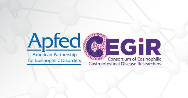 Logos for American Partnership for Eosinophilic Disorders (APFED) and Consortium of Eosinophilic Gastrointestinal Disease Researchers (CEGIR) appear over a gray graphic of molecules