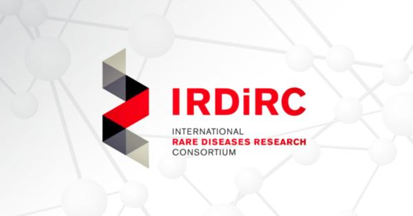 The xInternational Rare Diseases Research Consortium logo appears over a gray graphic of molecules