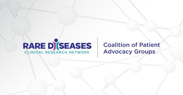 The Rare Diseases Clinical Research Network and Coalition of Patient Advocacy Group logos appear over a gray graphic of molecules