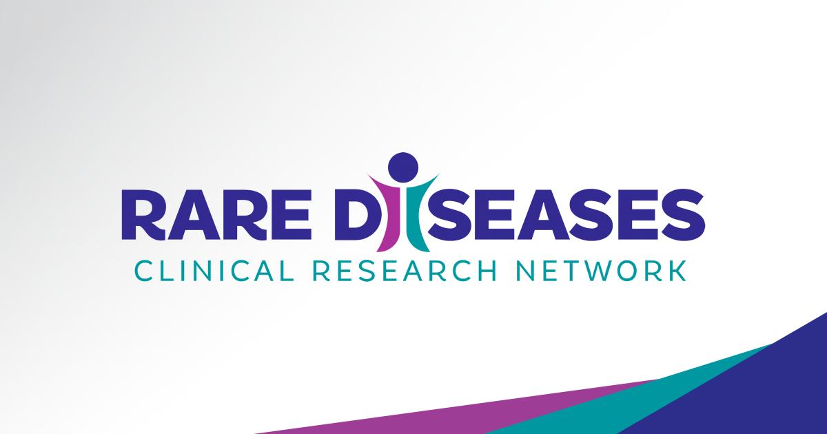 The Rare Diseases Clinical Research Network logo appears over a geometric design featuring fuchsia, teal, and purple triangles.