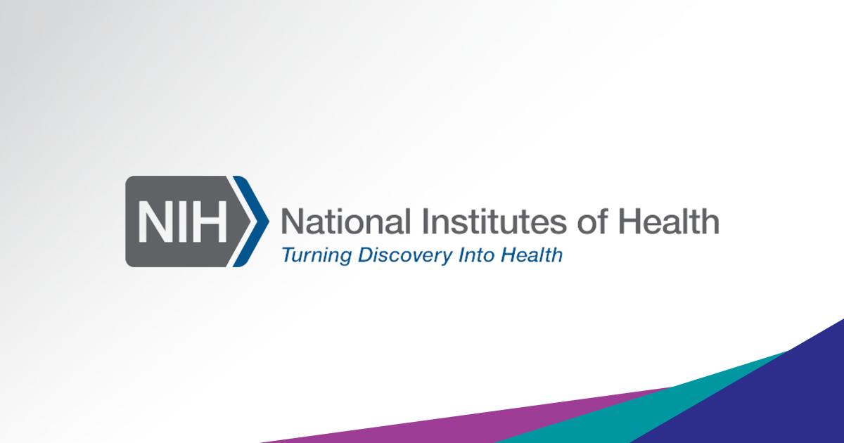 The NIH logo appears over a geometric design featuring fuchsia, teal, and purple triangles.