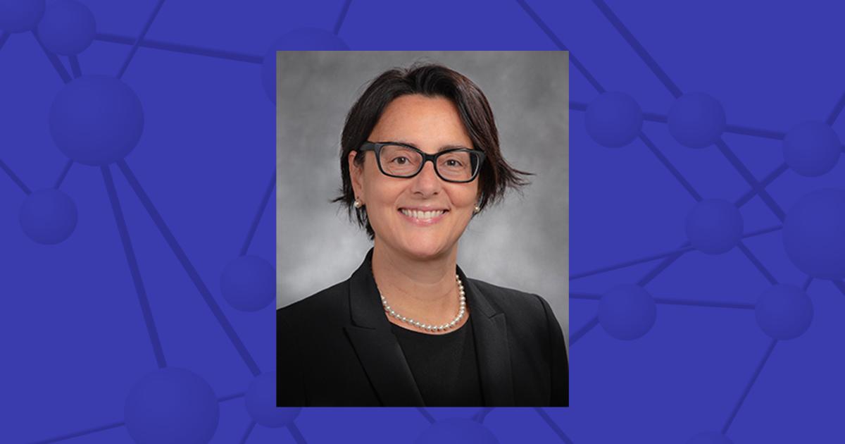 A photo of Laura Barisoni, MD, of the Department of Pathology and Medicine at Duke University and Co-investigator and Chair of the Pathology Working Group of the Nephrotic Syndrome Study Network (NEPTUNE) appears on a dark blue background