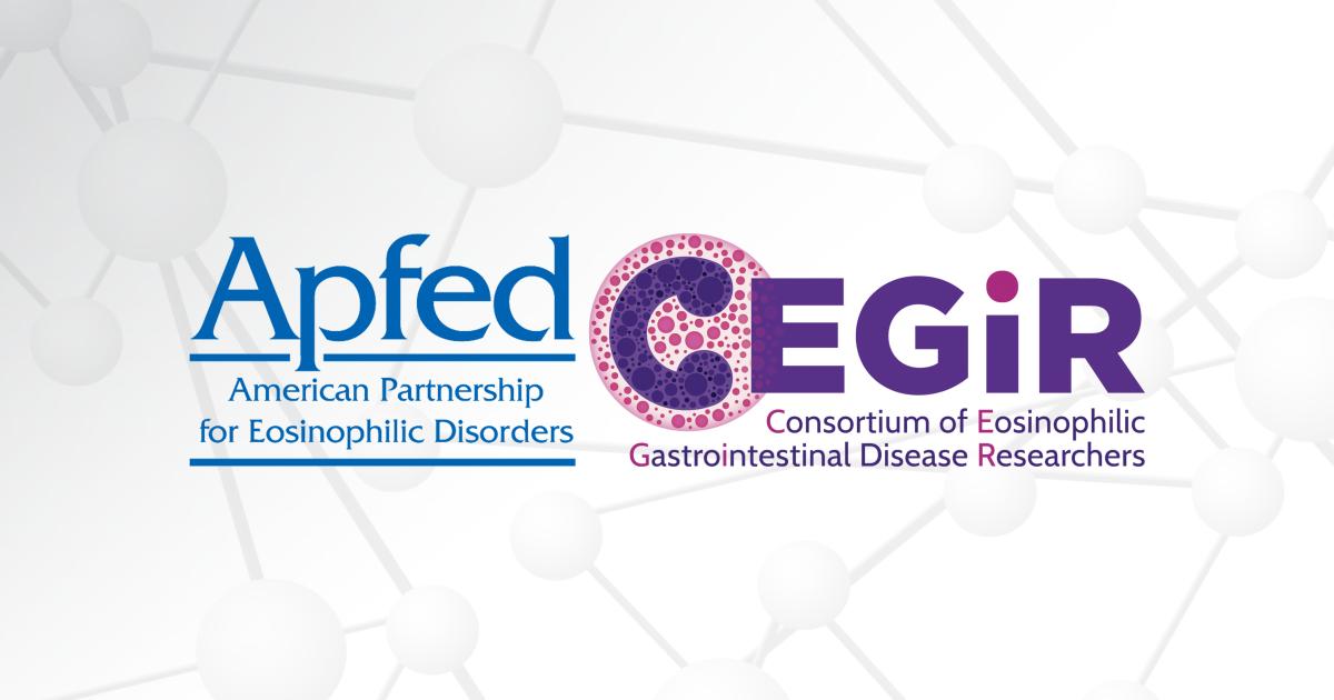 Logos for American Partnership for Eosinophilic Disorders (APFED) and Consortium of Eosinophilic Gastrointestinal Disease Researchers (CEGIR) appear over a gray graphic of molecules