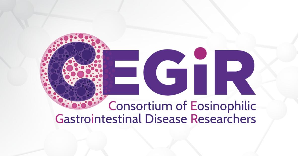 The Consortium of Eosinophilic Gastrointestinal Disease Researchers logo appears over a gray graphic of molecules